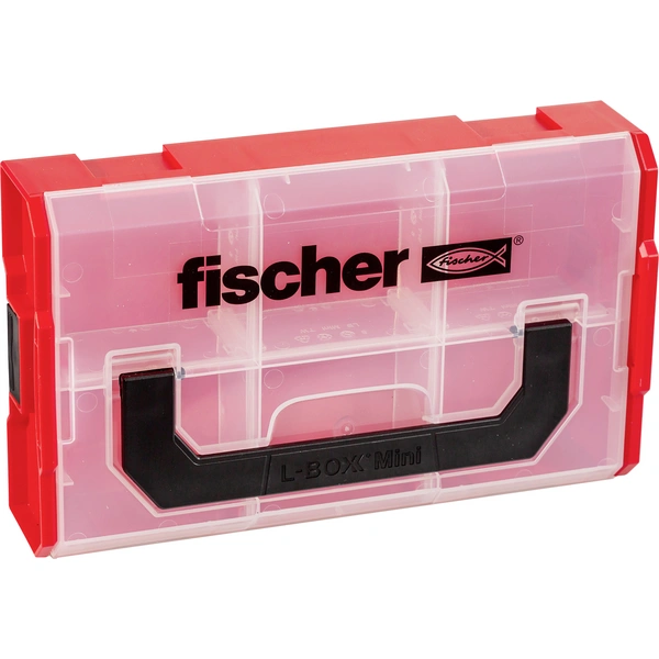 Transparenter roter Fischer L-Boxx Mini-Lagerbehälter mit schwarzem Griff und Logo, geschlossen auf weißem Hintergrund dargestellt.